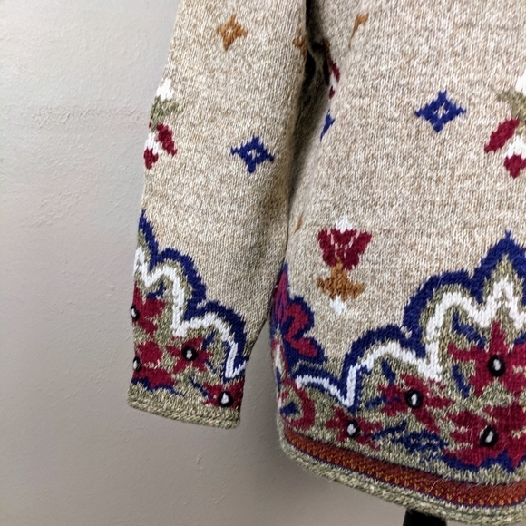 VTG Chunky Knit Mock Neck Wool Cottagecore Cozy Multi Pattern Sweater - Picture 3 of 7